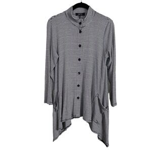 Comfy USA Black White Striped Sz XS Button Up Asymmetrical Tunic Long Sleeve